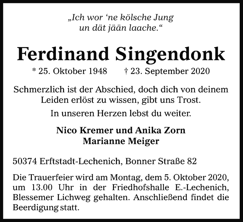  Traueranzeige für Ferdinand Singendonk vom 26.09.2020 aus Kölner Stadt-Anzeiger / Kölnische Rundschau / Express