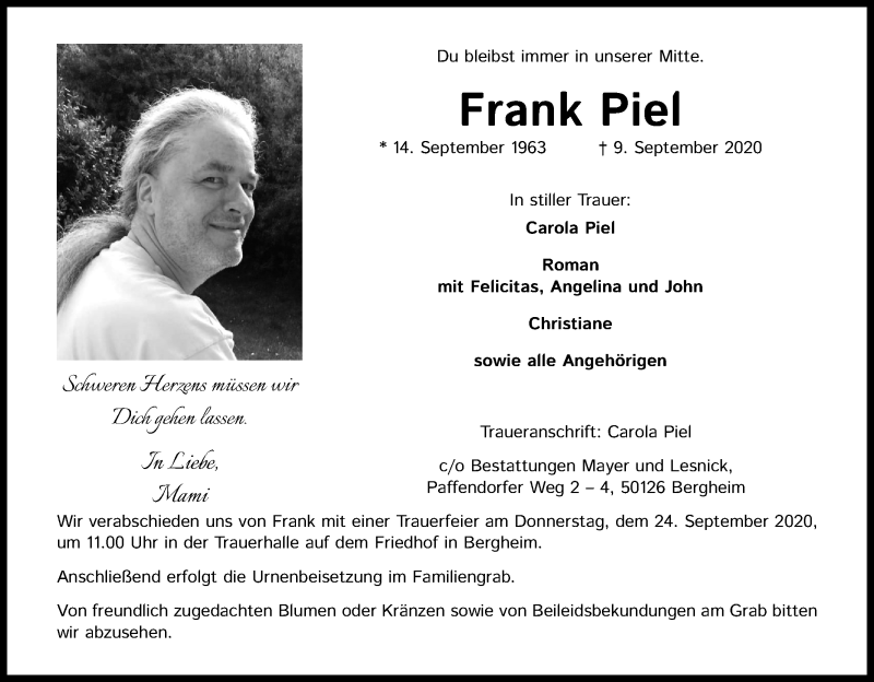  Traueranzeige für Frank Piel vom 19.09.2020 aus Kölner Stadt-Anzeiger / Kölnische Rundschau / Express