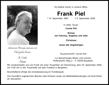 Anzeige von Frank Piel von Kölner Stadt-Anzeiger / Kölnische Rundschau / Express