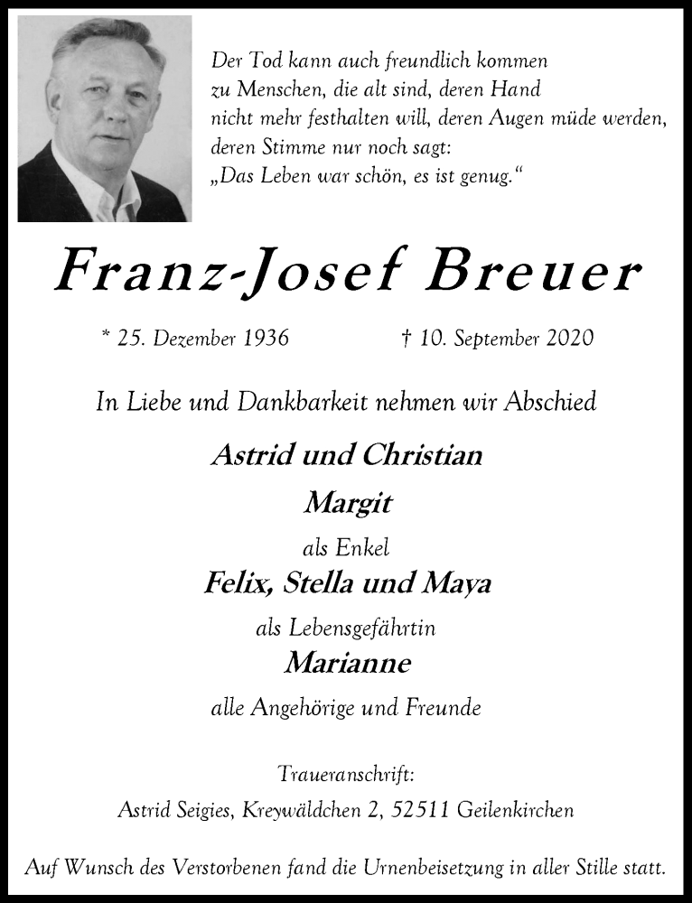  Traueranzeige für Franz -Josef Breuer vom 25.09.2020 aus  Werbepost 