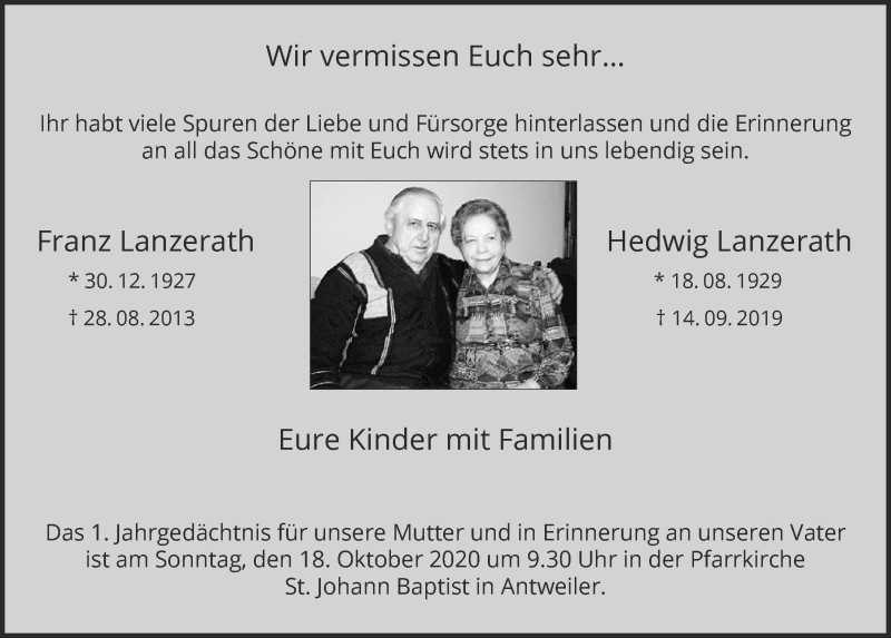  Traueranzeige für Franz Lanzerath vom 12.09.2020 aus  Blickpunkt Euskirchen 