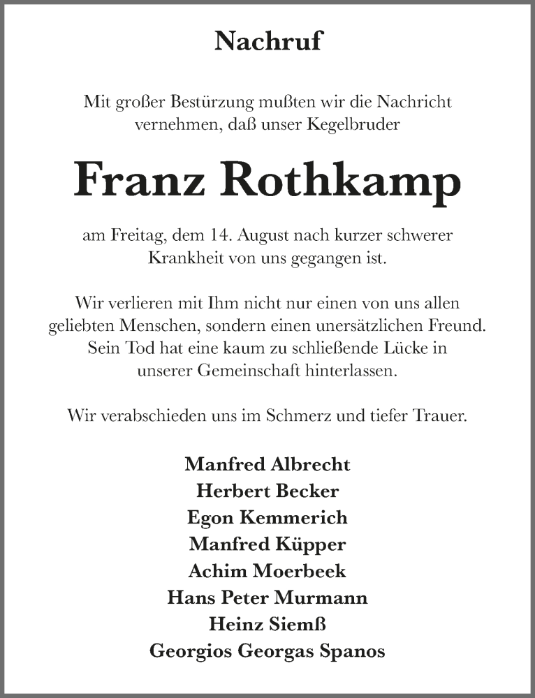  Traueranzeige für Franz Rothkamp vom 25.09.2020 aus  Anzeigen Echo 