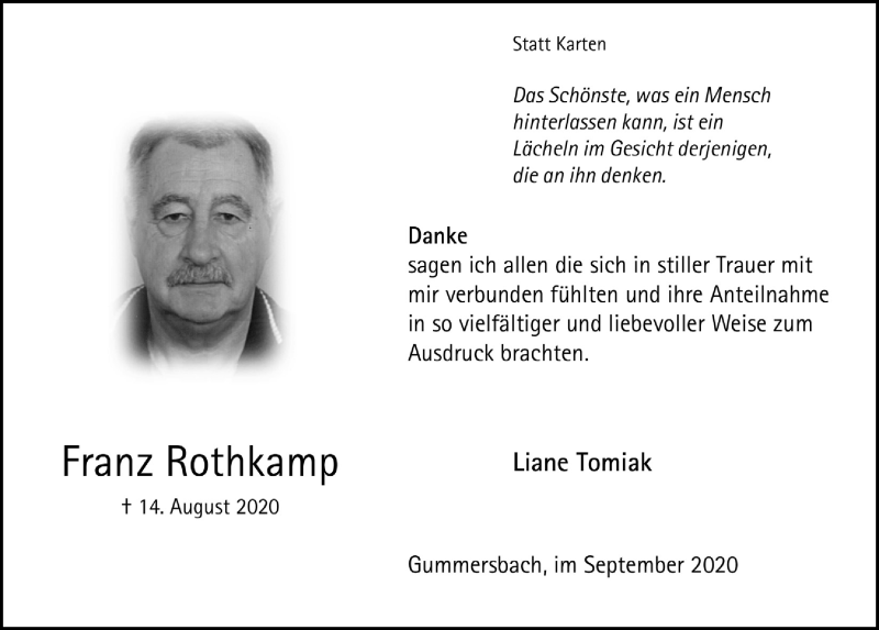 Traueranzeige für Franz Rothkamp vom 18.09.2020 aus  Anzeigen Echo 