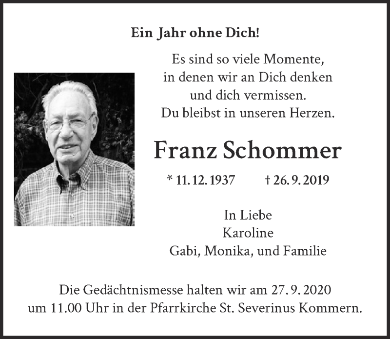  Traueranzeige für Franz Schommer vom 19.09.2020 aus  Blickpunkt Euskirchen 
