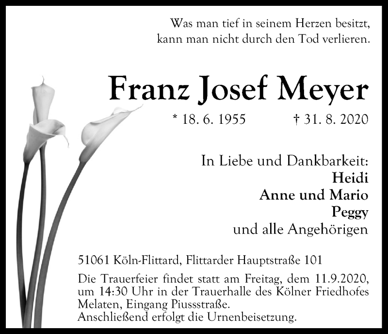  Traueranzeige für Franz Josef Meyer vom 05.09.2020 aus Kölner Stadt-Anzeiger / Kölnische Rundschau / Express