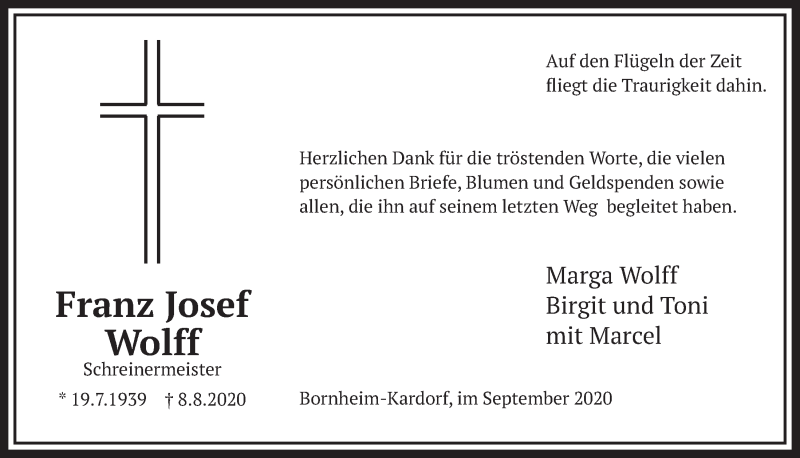  Traueranzeige für Franz Josef Wolff vom 04.09.2020 aus  Schlossbote/Werbekurier 