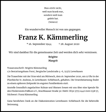 Anzeige von Franz K. Kämmerling von Kölner Stadt-Anzeiger / Kölnische Rundschau / Express