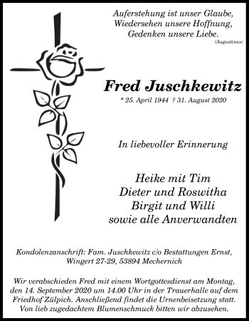 Anzeige von Fred Juschkewitz von Kölner Stadt-Anzeiger / Kölnische Rundschau / Express
