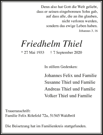 Anzeige von Friedhelm Thiel von  Lokalanzeiger 