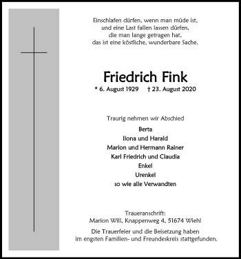 Anzeige von Friedrich Fink von  Anzeigen Echo 
