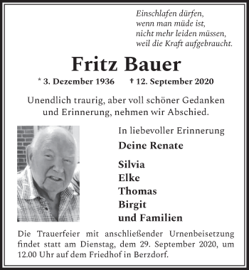 Anzeige von Fritz Bauer von  Schlossbote/Werbekurier 