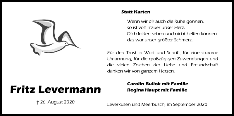  Traueranzeige für Fritz Levermann vom 19.09.2020 aus Kölner Stadt-Anzeiger / Kölnische Rundschau / Express
