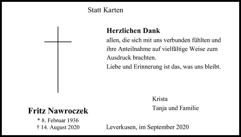  Traueranzeige für Fritz Nawroczek vom 26.09.2020 aus Kölner Stadt-Anzeiger / Kölnische Rundschau / Express