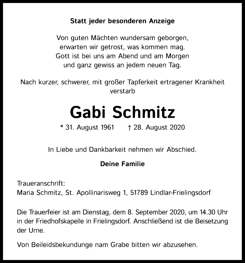  Traueranzeige für Gabi Schmitz vom 05.09.2020 aus Kölner Stadt-Anzeiger / Kölnische Rundschau / Express