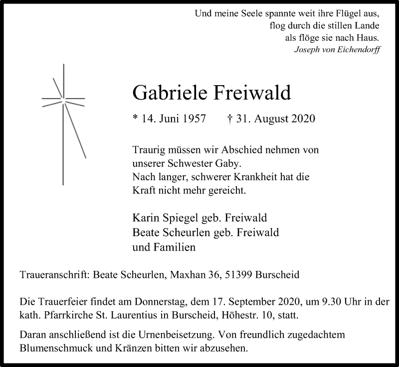  Traueranzeige für Gabriele Freiwald vom 12.09.2020 aus Kölner Stadt-Anzeiger / Kölnische Rundschau / Express