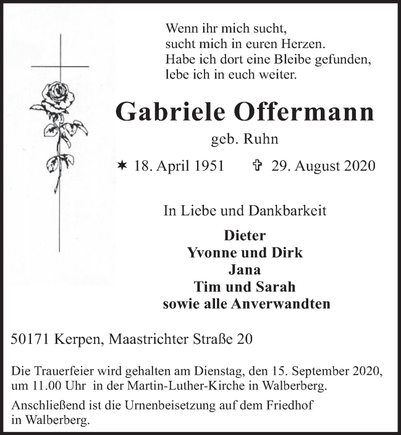  Traueranzeige für Gabriele Offermann vom 11.09.2020 aus  Werbepost 