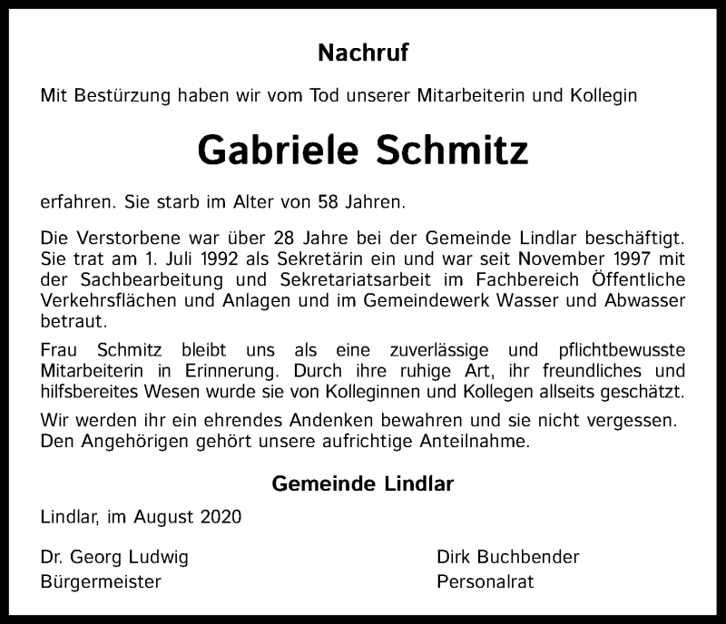  Traueranzeige für Gabriele Schmitz vom 05.09.2020 aus Kölner Stadt-Anzeiger / Kölnische Rundschau / Express