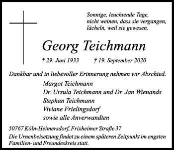 Anzeige von Georg Teichmann von Kölner Stadt-Anzeiger / Kölnische Rundschau / Express