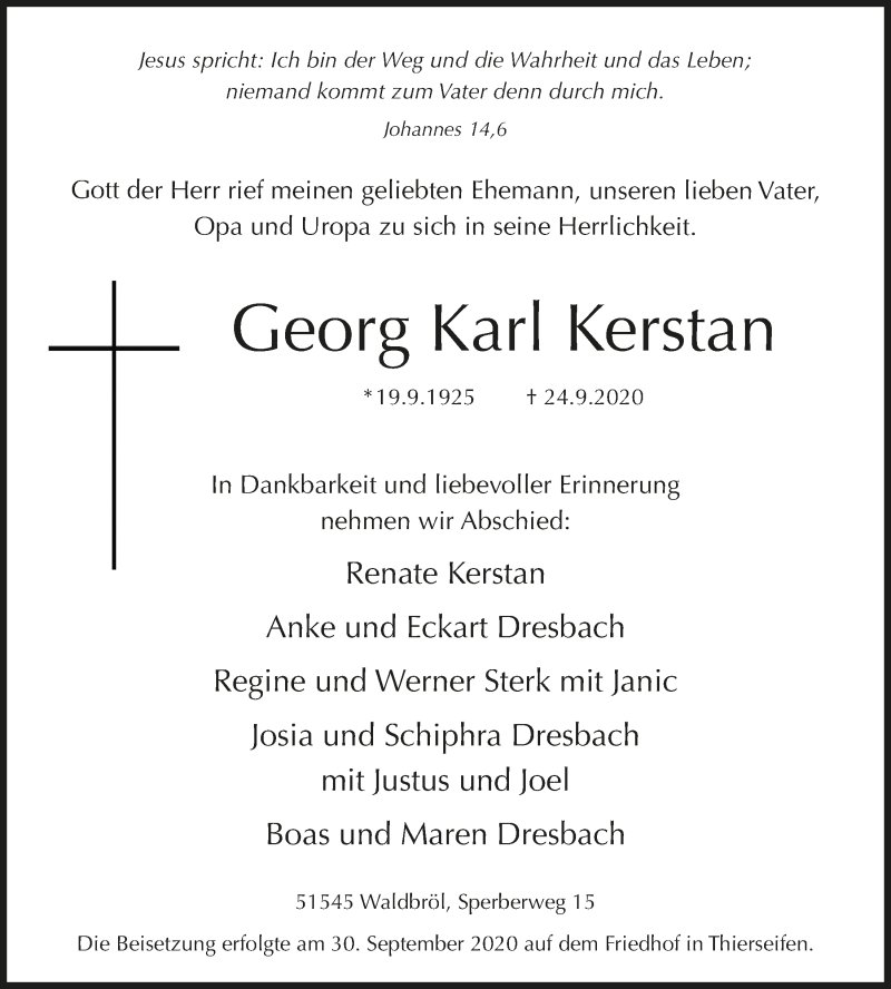  Traueranzeige für Georg Karl Kerstan vom 01.10.2020 aus  Lokalanzeiger 