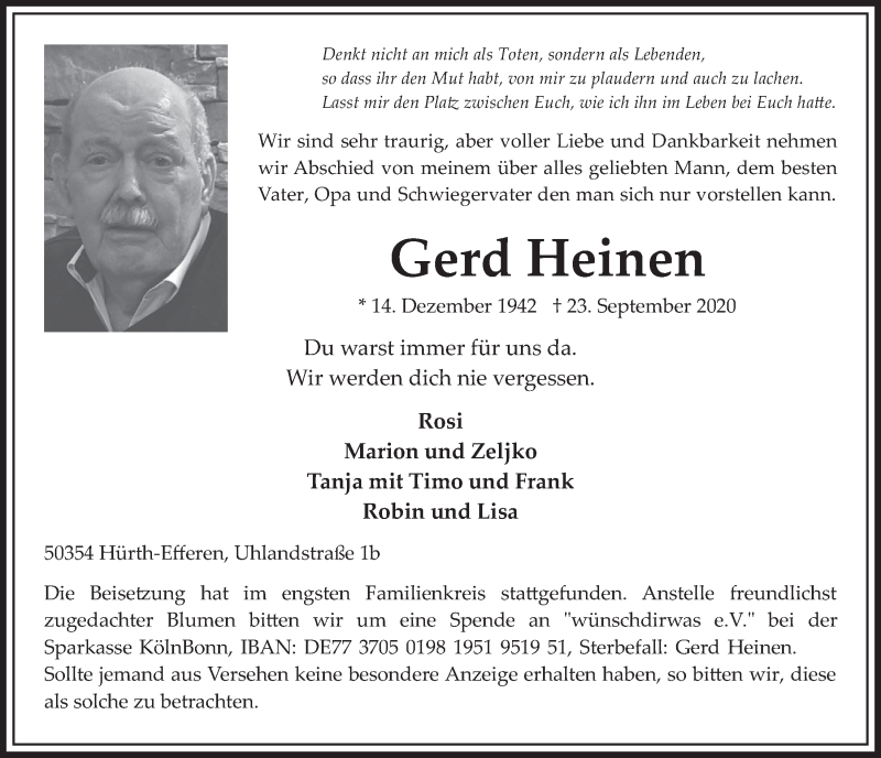  Traueranzeige für Gerd Heinen vom 01.10.2020 aus  Wochenende 