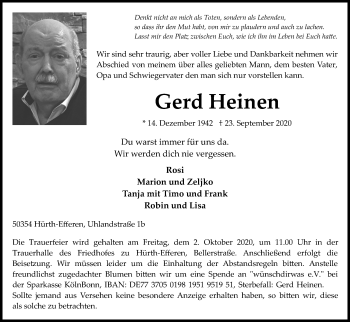 Anzeige von Gerd Heinen von Kölner Stadt-Anzeiger / Kölnische Rundschau / Express