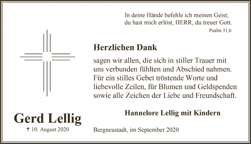  Traueranzeige für Gerd Lellig vom 18.09.2020 aus  Anzeigen Echo 
