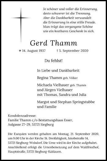 Anzeige von Gerd Thamm von Kölner Stadt-Anzeiger / Kölnische Rundschau / Express