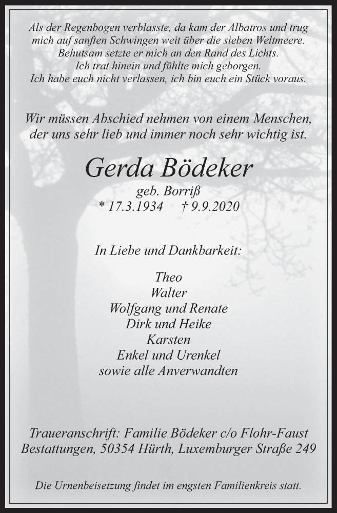  Traueranzeige für Gerda Bödeker vom 18.09.2020 aus  Wochenende 