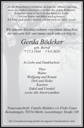 Anzeige von Gerda Bödeker von  Wochenende 