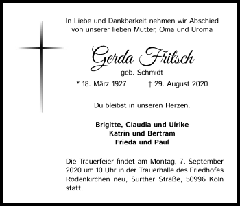 Anzeige von Gerda Fritsch von Kölner Stadt-Anzeiger / Kölnische Rundschau / Express