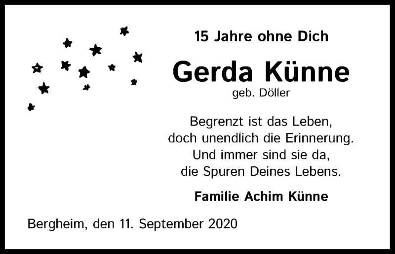  Traueranzeige für Gerda Künne vom 11.09.2020 aus Kölner Stadt-Anzeiger / Kölnische Rundschau / Express