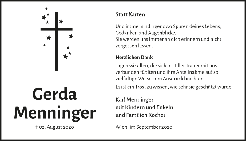  Traueranzeige für Gerda Menninger vom 25.09.2020 aus  Anzeigen Echo 