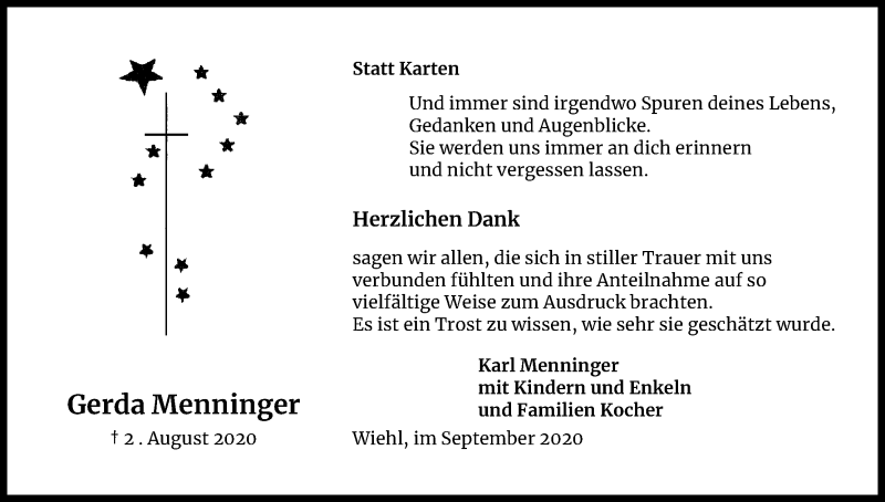  Traueranzeige für Gerda Menninger vom 26.09.2020 aus Kölner Stadt-Anzeiger / Kölnische Rundschau / Express