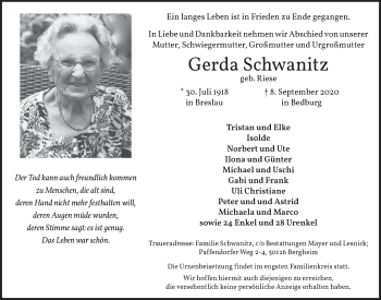 Anzeige von Gerda Schwanitz von  Werbepost 