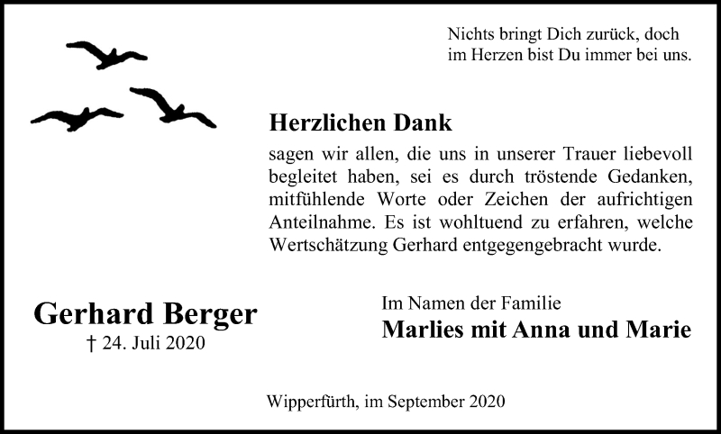  Traueranzeige für Gerhard Berger vom 12.09.2020 aus Kölner Stadt-Anzeiger / Kölnische Rundschau / Express