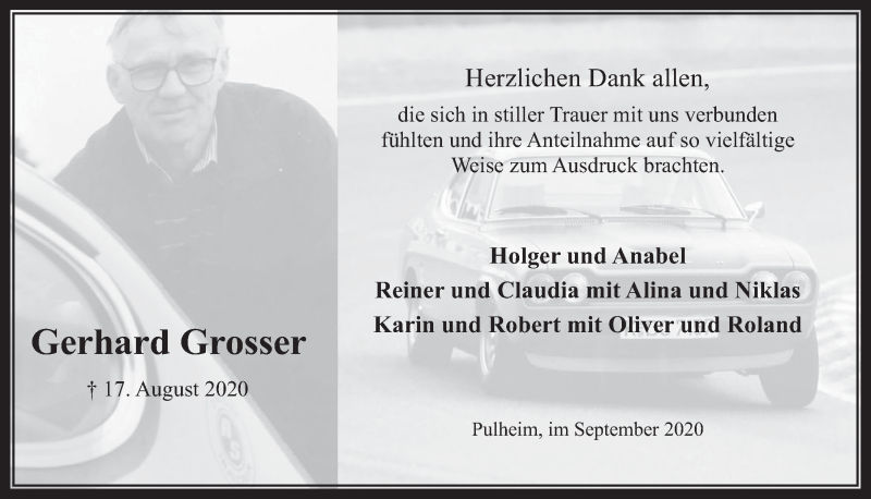  Traueranzeige für Gerhard Grosser vom 18.09.2020 aus  Wochenende 