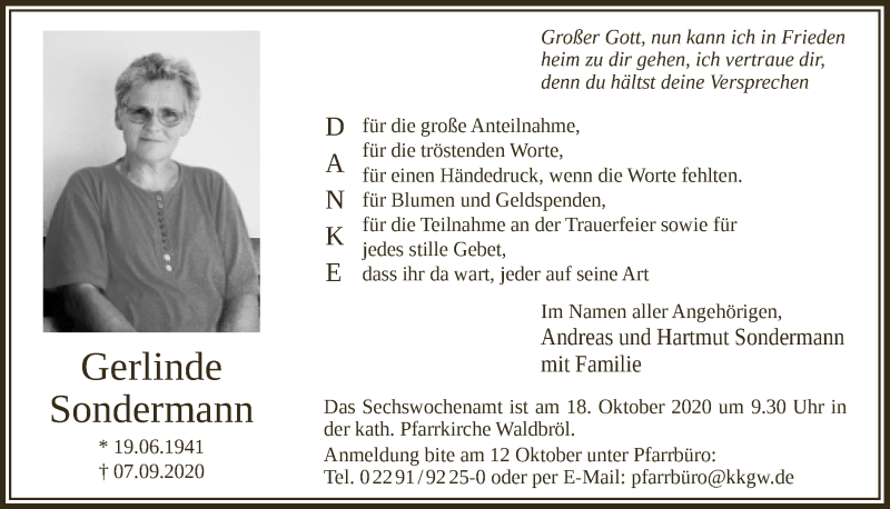  Traueranzeige für Gerlinde Sondermann vom 25.09.2020 aus  Lokalanzeiger 