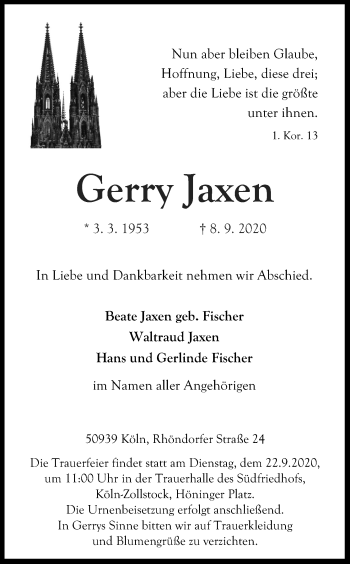 Anzeige von Gerry Jaxen von Kölner Stadt-Anzeiger / Kölnische Rundschau / Express