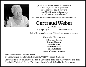 Anzeige von Gertraud Weber von Kölner Stadt-Anzeiger / Kölnische Rundschau / Express