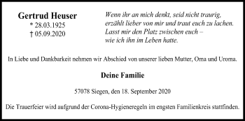 Anzeige von Gertrud Heuser von Kölner Stadt-Anzeiger / Kölnische Rundschau / Express