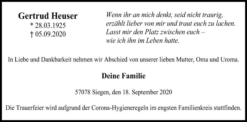  Traueranzeige für Gertrud Heuser vom 18.09.2020 aus Kölner Stadt-Anzeiger / Kölnische Rundschau / Express