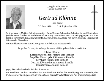 Anzeige von Gertrud Klönne von Kölner Stadt-Anzeiger / Kölnische Rundschau / Express