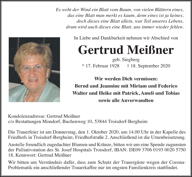  Traueranzeige für Gertrud Meißner vom 26.09.2020 aus Kölner Stadt-Anzeiger / Kölnische Rundschau / Express