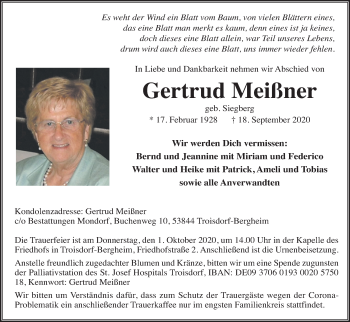 Anzeige von Gertrud Meißner von Kölner Stadt-Anzeiger / Kölnische Rundschau / Express