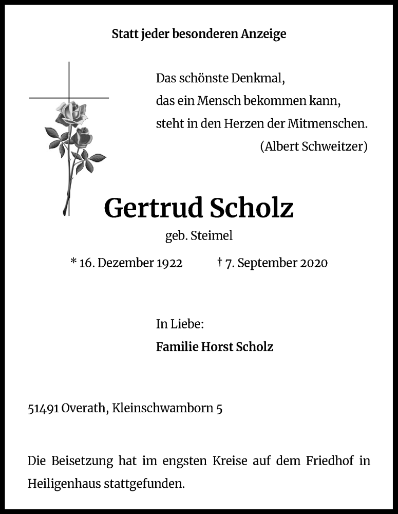  Traueranzeige für Gertrud Scholz vom 19.09.2020 aus Kölner Stadt-Anzeiger / Kölnische Rundschau / Express