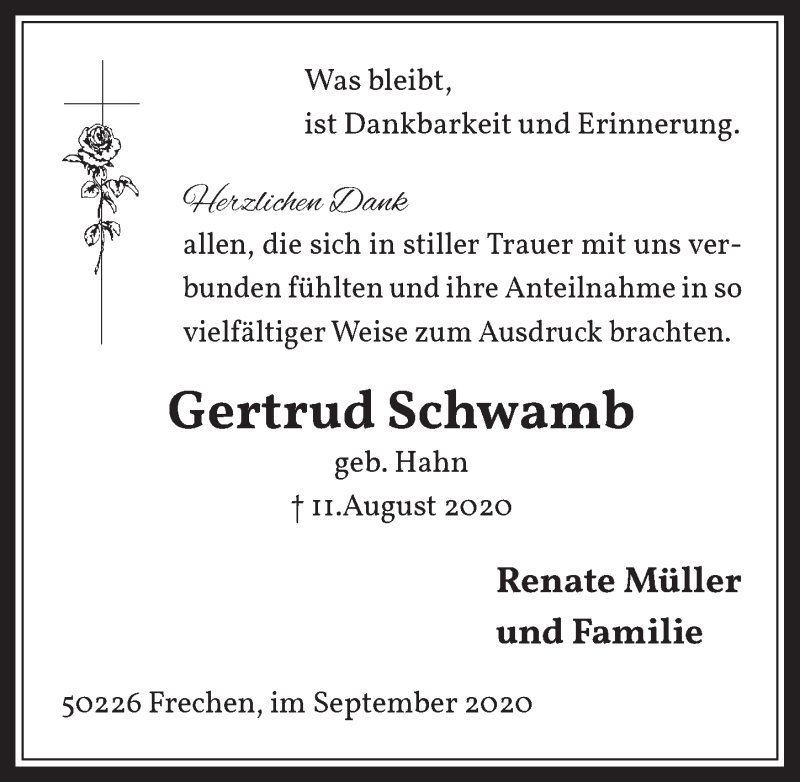  Traueranzeige für Gertrud Schwamb vom 25.09.2020 aus  Wochenende 