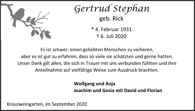  Traueranzeige für Gertrud Stephan vom 12.09.2020 aus  Blickpunkt Euskirchen 