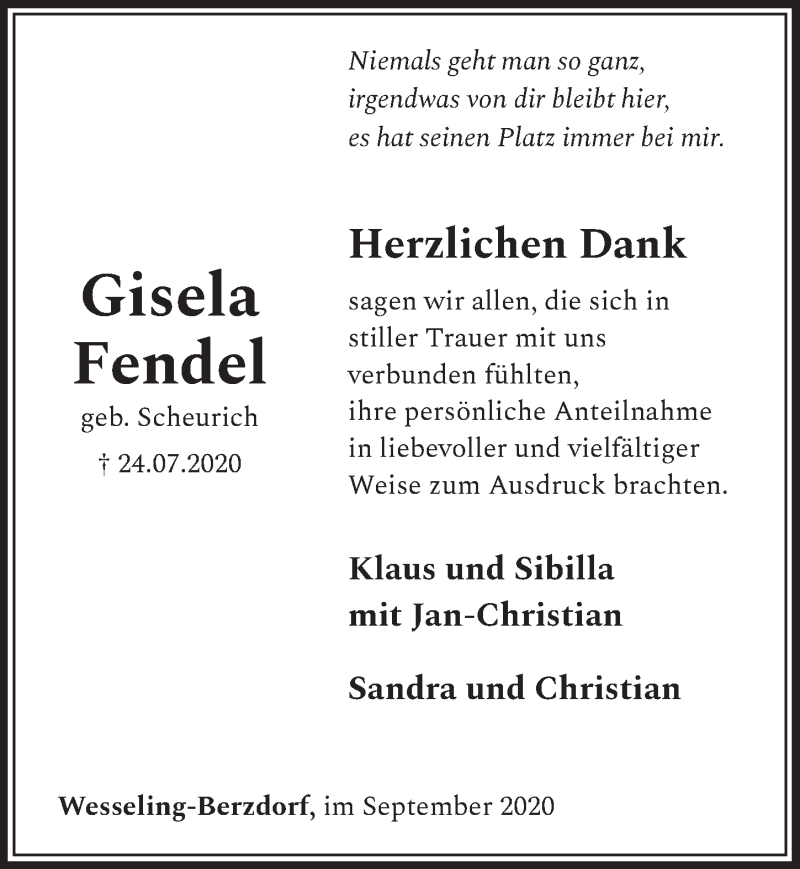  Traueranzeige für Gisela Fendel vom 18.09.2020 aus  Schlossbote/Werbekurier 