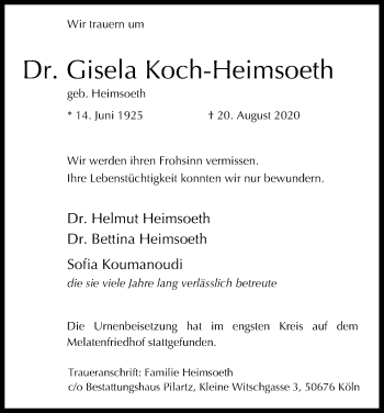 Anzeige von Gisela Koch-Heimsoeth von Kölner Stadt-Anzeiger / Kölnische Rundschau / Express