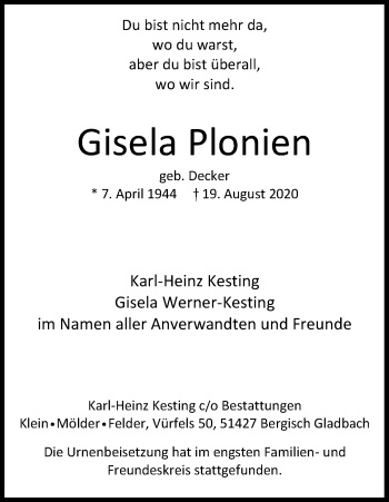 Anzeige von Gisela Plonien von Kölner Stadt-Anzeiger / Kölnische Rundschau / Express